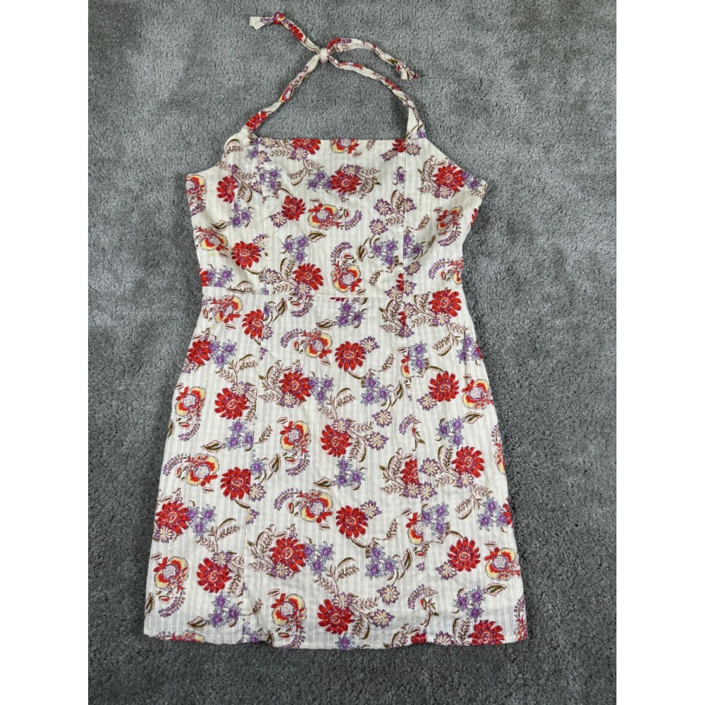 Sadie & Sage Floral Halter Mini Dress Cream Red Purple Dobby Stripe AA133399 S